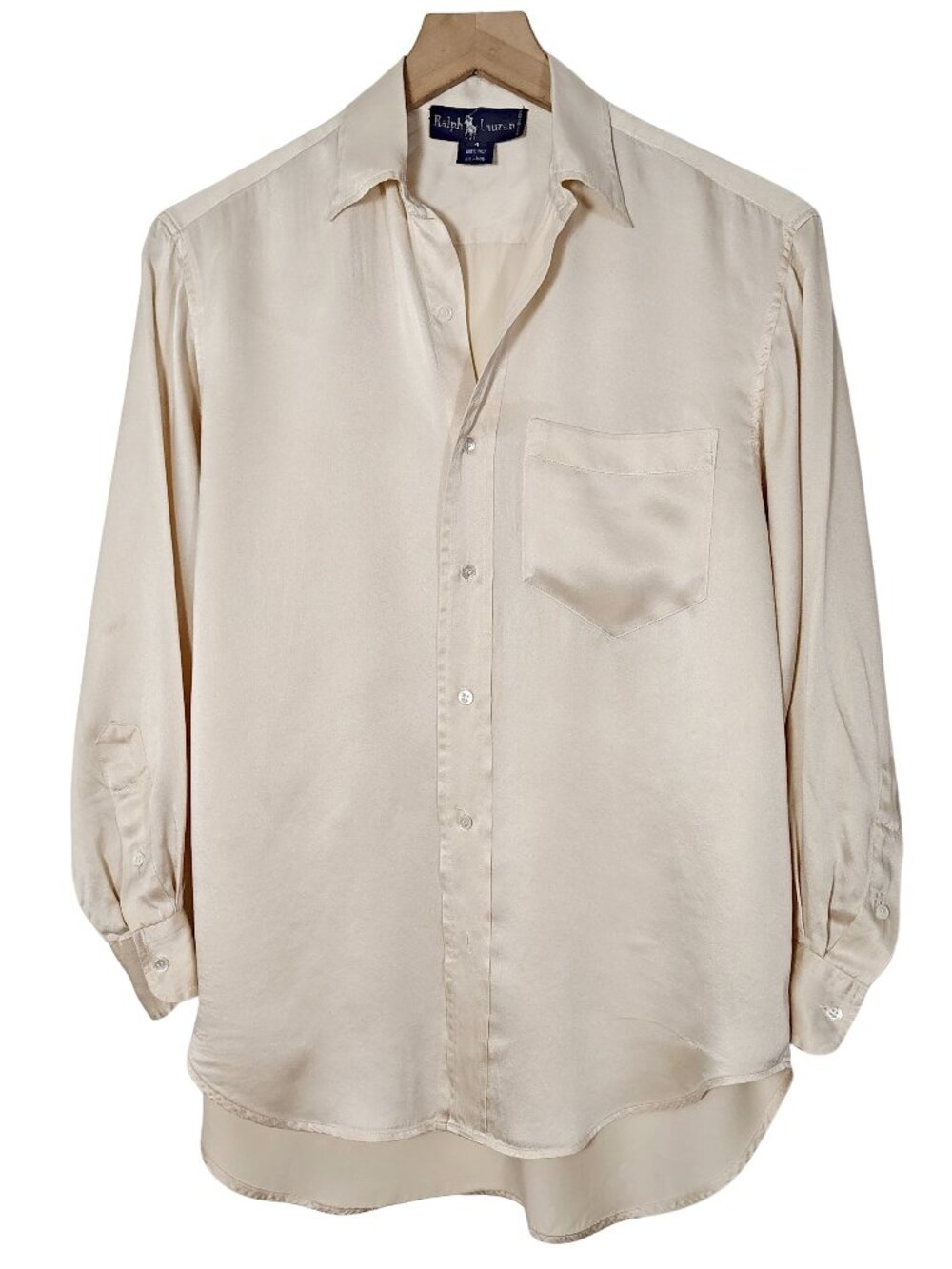 Polo Ralph Lauren Womens Button Up Shirt Blouse Cream 100% Silk Satin 90s Size 4